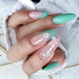 Press on Nails Medium Almond Shape-Glossy Full Cover Acrylic Pointed Almond Green French False Nails with Floral Designs Artificial Almond Fake Nails Glue ons Nails Stick on Fingernails for Women