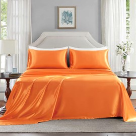 GOLAL Satin Sheets Queen Size - 4 Pieces Luxury Silky Soft Bed Sheets, Wrinkle-Free Burnt Orange Satin Silk Sheet Set with 1 Deep Pocket Fitted Sheet, 1 Flat Sheet, 2 Pillow Cases
