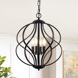 YURNYQ Modern Black Chandelier, 4 Lights Industrial Dining Room Chandeliers, Sphere Chandelier Large Pendant Light Fixtures Hanging for Kitchen, Entryway, Foyer, Stairs