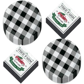 HOME & HOOPLA Buffalo Plaid Christmas Party Supplies - Black & White Checkered Paper Dinner Plates and Tree Farm Lunch Napkins (16 Plates & Napkins)
