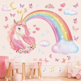 DECOWALL SG2-2321 Rainbow and Unicorn Wall Sticker Clouds Butterflies Children Girls Room Nursery Baby Room Wall Decoration Colourful Home Decor