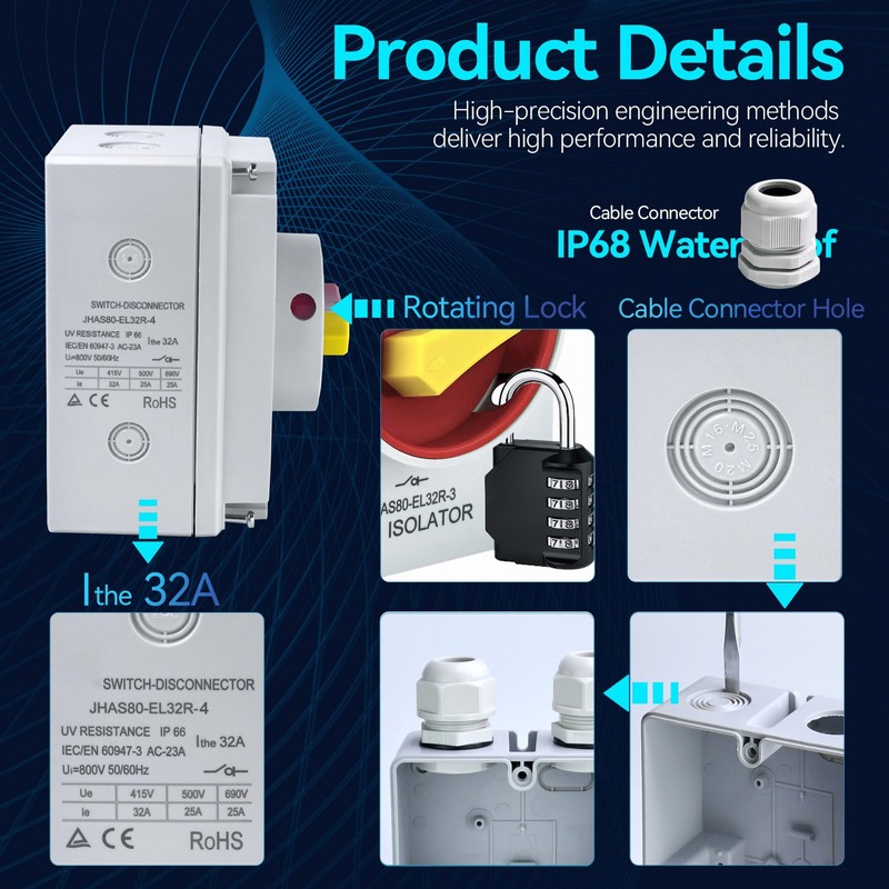 UL-Listed 32Amp Disconnect Switch 800V AC; IP66 Waterproof; Isolation PV