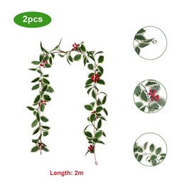 Pack of 2 Christmas Berry Garland, Artificial Green Holly Leaves Garland, Christmas Garland for Indoor and Outdoor Use, Hanging String, Garden Decoration for New Year, Fireplace, Table Decoration