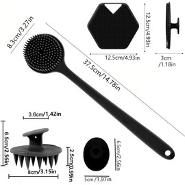 Juego de 4 cepillos corporales de silicona, cepillo para la espalda con mango largo, agarre antideslizante, cerdas suaves. Adecuado para la limpieza y el masaje.(Black)