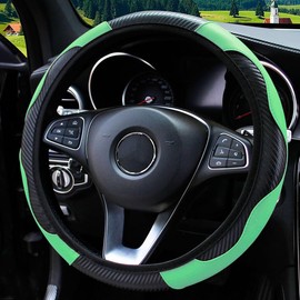 Car Steering Wheel Cover, Universal Size Steering Wheel Cover Fit 37-38cm/14.5-15inch, Anti-slip Carbon Microfiber Steering Wheel Cover, Breathable Car Accessory Steering Wheel Protector Cover, Green