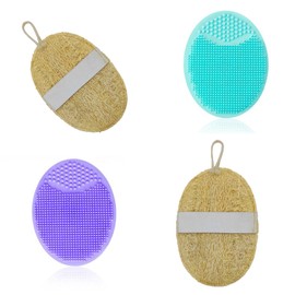 2 Pcs Natural Loofah with 2 Pcs Exfoliating Wash Pads, Loofah Mitt, Skin Bath Loofah, Shower Body Exfoliator Scrubbing Pads for Women and Men,Shower