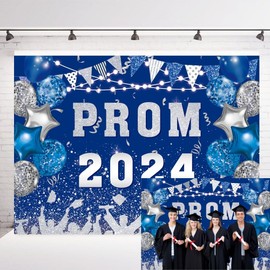 INRUI Prom 2024 Photography Background Blue and Silvery 2024 Prom Night Banner Glitter Balloons Flags Graduation Prom Party Decorations Backdrop (7x5FT)