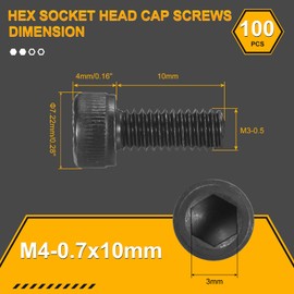 DTGN M4-0.7x10 Socket Head Cap Screws Bolts - 100Pack - Good for Road Bicycle, Mountain Bike, Auto, Motorcycle - Carbon Steel Hex Head Metric Screws, Black