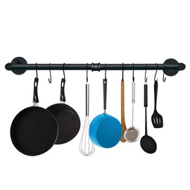 TLBTEK Industrial Pipe Clothes Rack,Black Iron Bathroom Kitchen Towel Bar,Vintage Farmhouse DIY Wall Mounted Pot Bar Rack, Detachable Kitchen Utensils Hanger (31.5 Inch)