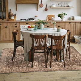 Dotiiorug Vintage Washable Area Rug for Living Room,Low Pile 8x10 Non Slip Carpet Non-Shedding Area Rug Soft Indoor Stain Resistant Rug Floral Print Mat for Bedroom Dining Room Brown