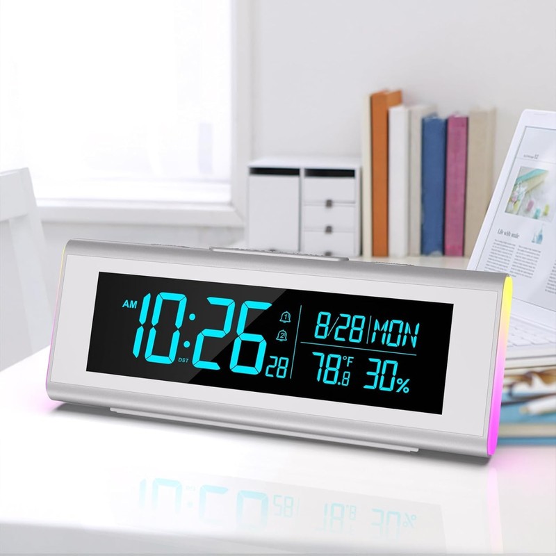 SPuRuiMaK Alarm Clock, Digital Calendar, Temperature, Humidity, Snooze Function, Dimmable,