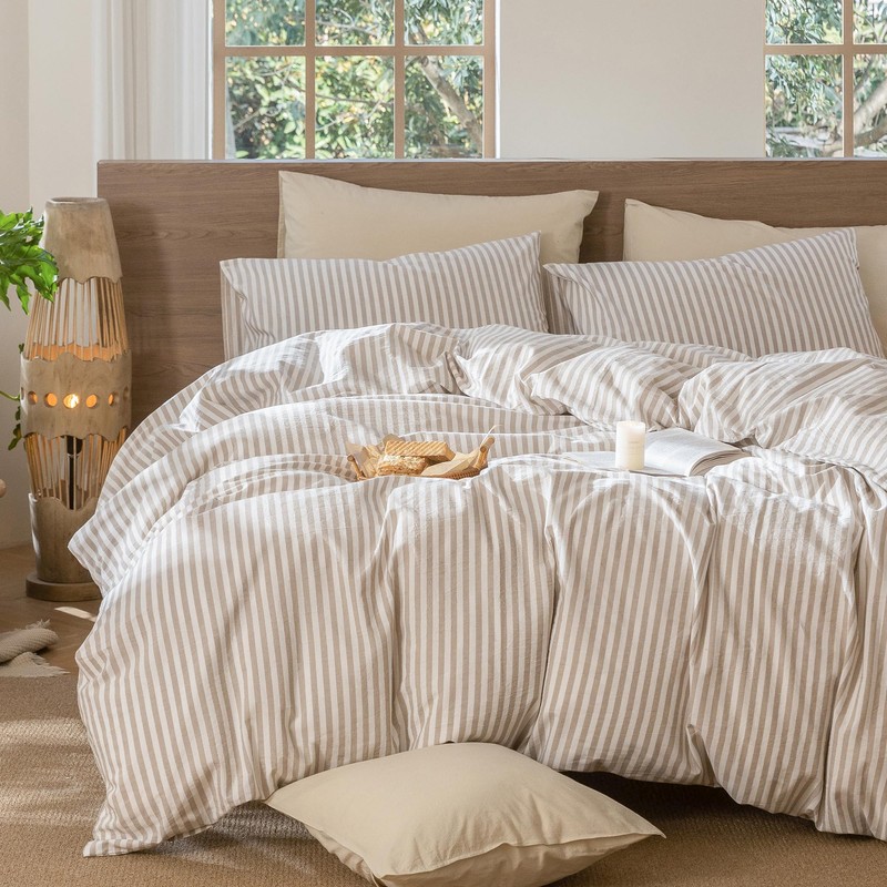 MooMee Striped Duvet Cover Set 100% Washed Cotton Linen Like