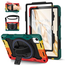 ROSROME for Honor Pad X9a Case 11.5 inch 2025 with HD Screen Protector, Shockproof Heavy Duty Kids Cover, 360°Rotating Stand/Shoulder Strap/Hand Strap/Pen Holder for 11.5" Honor X9a Tablet Case, Red