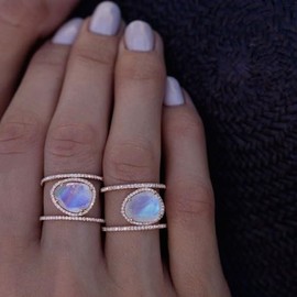 Gixaxak Bohemia Irregular Moonstone Ring 14K Rose Gold Plated Zircon Ring 14K Gold Moonstone Ring Opal Diamond Ring Transparent Elegant Moonstone Engagement Cocktail Wedding Band Rings （Size 7）