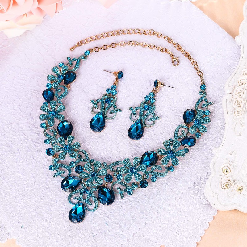 BriLove Women's Costume Elegant Crystal Flower Scroll Teardrop Statement Necklace