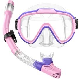 Seovediary Kids Snorkel Set, Anti-Fog Panoramic Tempered Glass Kids Snorkel mask, Anti-Leak Scuba Diving Mask with Mesh Bag, Dry Top Snorkeling Gear for Kids and Youth Age 4-16