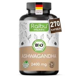 Ashwagandha Capsules Organic High Dosage, 270 Capsules with 2400 mg per Daily Dose, Ashwagandha Root Powder in High Organic Quality, No Additives from German Production I Raibu