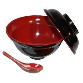 JapanBargain 4 Set Rice Miso Soup Bowl w/ Lid and Spoon Black & Red Color 21 oz S-3424+2384x4