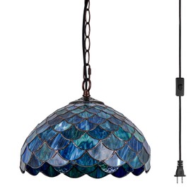 GILGGAK Tiffany Style Stained Glass Pendant Light Plug in, 12" Wide Fish Scale Design Hanging Lamp, 60 Inch Chain 15 Feet Cord Living Dining Room Bedroom Kitchen Home Office (Sea Blue)