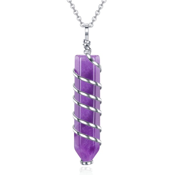 Top Plaza Amethyst Healing Crystal Stones Necklace Natural Hexagonal Stone Pendant Necklaces Wire Wrapped Pointed Reiki Quartz Gemstone Jewelry for Women Mother’s Day Gifts