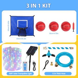 3-in-1 Trampoline Accessories Kit: 360°Rotating Water Sprinkler, 50FT Solar-Powered LED Lights & Kids Basketball Hoop with 3 Mini Balls / 8 Light Modes, Universal Fit for 8-16ft Trampolines