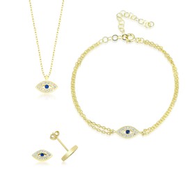 Lykia 18K Gold Plated 925 Sterling Silver Necklace Bracelet Earrings | Zirconia | Evil Eye | Hamsa | Protection | Pendant with Chain | Jewelry | Choker for Women | Teens | Comes with Beautiful Gift Box (3-piece Evil Eye Set)