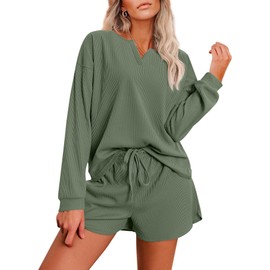 Ekouaer Sweatsuit Sets for Women Matching Lounge Set Soft Pajama Set Loose Tops and Shorts(Dark Green,XX-Large)