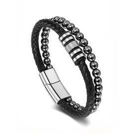 PiercingJak Mens Bead Leather Bracelet 6mm Hematite Stone Black Braided Leather Wristband Stainless Steel Beaded Double Layer Cord Bangle Jewelry for Men