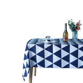 WedDecor 60 x 84 Inch Geometric Triangles Tablecloth Rectangle, Waterproof Spillproof Washable Polyester Table Cloth for Outdoor Picnic, Kitchen, Patio and Holiday Dinner, White & Blue