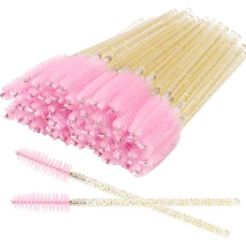 Paquete de 300 varitas desechables para máscara de pestañas, aplicador de maquillaje, herramienta de extensión de pestañas, mango dorado y cabezal de cepillo rosa