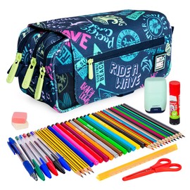 ColePack Design-Etui mit 3 Reißverschlüssen und Schulmaterial der ersten Marken inklusive, Strand, Schultaschen