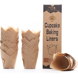 Bake Choice 200pcs Natural Tulip Cupcake Liners for Baking Cups Unbleached European Parchment paper Tulip Muffin Liners, Cupcake Wrapper for Party, Christmas