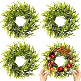 4 Pcs Christmas DIY Gree Wreath 10 Inch Christmas Green Artificial Wreaths DIY Faux Plain Wreaths Front Door Christmas Green Farmhouse Cabinets Wreath Indoor Outdoor Wall Decor(Pine Needle)