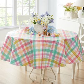 Newbridge Easter Simone Pastel Plaid Vinyl Flannel Backed Tablecloth, 70 Inch Round, Cottage Plaid Easy Care Vinyl Indoor Outdoor Table Cover with Flannel Backing