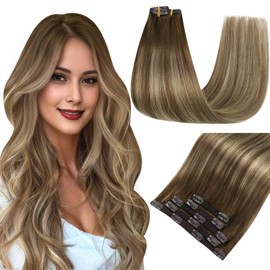 Easyouth Clip in Hair Extensions Real Human Hair Balayage Clip in Hair Extensions Medium Brown Fading to Honey Blonde Mixed Medium Brown Hair Extensions Clip ins Thick Ends 14 Inch 70g 5pcs