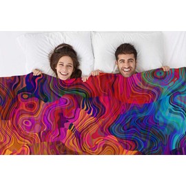 Mugod Colorful Chaotic Waves Throw Blanket Purple Fuchsia Pink Red Orange Gold Blue Rainbow Pattern Decorative Soft Warm Cozy Flannel Plush Throws Blankets for Bedding Sofa Couch 60 X 80 Inch