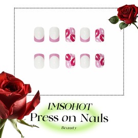 IMSOHOT Press on Nails Short Square Fake Nails Pink French Nails with Cute Hickey Designs Full Cover White Squoval Acrylic False Nails Glue on Nails for Women Girls 24Pcs