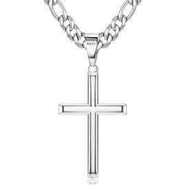 THUNARAZ 925 Sterling Silver Cross Necklace for Men Women Durable Stainless Steel Figaro Link Cuban Chain Silver Crucifix Pendant Necklace Jewelry 24/26 Inches 2pcs Length Chains