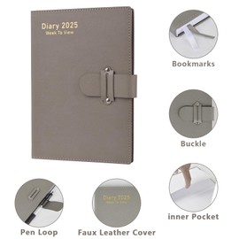 Diary 2025 Week to view A5 Size Dated Weekly & Daily Planner Organize your time for 2025 full year(Grey)