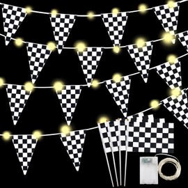 Light up Black and White Checkered Racing Flags Banner, 32.8 ft Black & White Pennant Banner and11.8 Inch Racing Flags with plastic stick for Nascar Race Themed Party Decorations Supplies