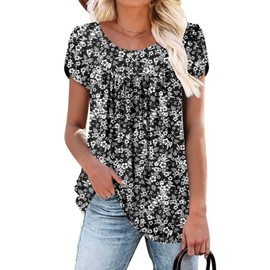 BETTE BOUTIK Women's Floral Summer Button Down Shirt, Crew Neck, Plus Size, BlackWhite, X-Large
