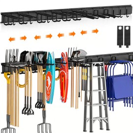 Housolution Heavy Duty Garden Tool Organizer 64 Inch - 18Pack Carries 570 lbs, Garage Tool Organizer Storage System, 4 Rails with 12 Adjustable Hooks, Tool Holder Wall Mount for Warehouse, Workshop