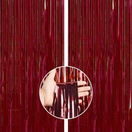 PartyWoo Retro Red Foil Curtain, 2 pcs 3.3x6.6 ft Dark Red Streamers, Fringe Backdrop, Foil Fringe Curtains, Tinsel Curtains, Door Shimmer Backdrop, Birthday Party Streamers, Christmas Decorations