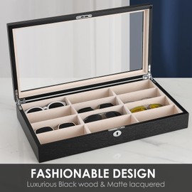 SYENS Wood 12 Slots Sunglasses Organizer Box, Eyeglasses Storage Display Case -Top Glass Window and Key Lockable Holder Sunglasses Case (GB12-RC)