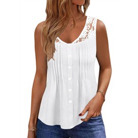Womens Summer Lace Tank Tops Casual Ladies Button V Neck Sleeveless Loose Pleated Front Shirts Blouse