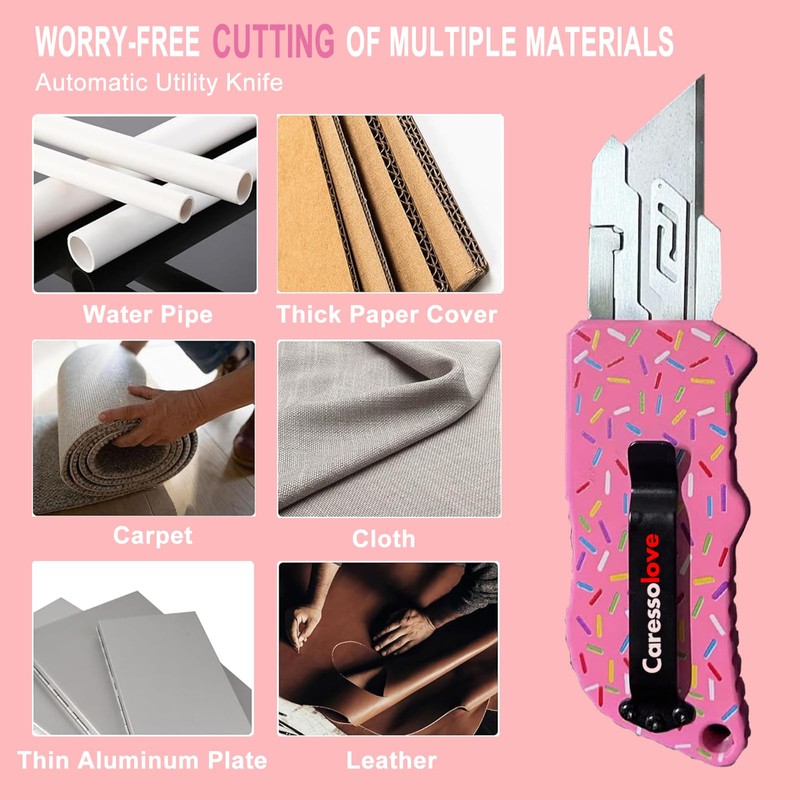 Caressolove Automatic Utility Knife, Premium Pink Retractable Box Cutter, Cute