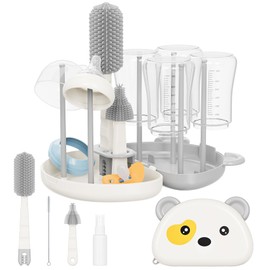 Baby Bottle Brush Set - 7 in1 Travel Bottle Cleaner Kit with Silicone Brush, Nipple Brush, Straw Brush, Bottle Drying Rack, Soap Dispenser, Storage Box, Baby Travel Essential Gift for Parents (Grey)