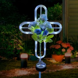 38 inch Cross Solar Light Outdoor Art Decoration - Metal and Blue Artificial Flower Craft Solar Light Stake- for Scenes Such as Garden Lawn Patio Patio Cemetery or Auditorium.