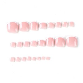 French Tip False Toenails - Pink Short Square Stick On Toenails With Glue - Natural Glossy Light Weight Toe Nails False - Full Cover Acrylic Fake Toe Nails For Women Girls Home Manicure Decorations