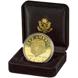 Trump 2024 Save America – 47th Presidential Gold Challenge Coin in Velvet Display Case with Certificate of Authentication & Display Stand (2024 Velvet)